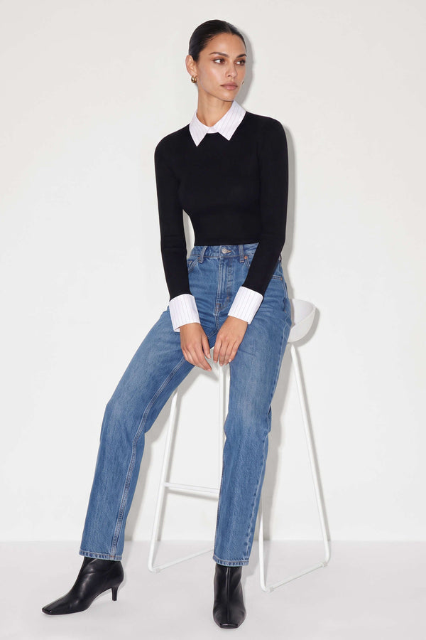 Patchwork gestreepte top met revers en lange mouwen