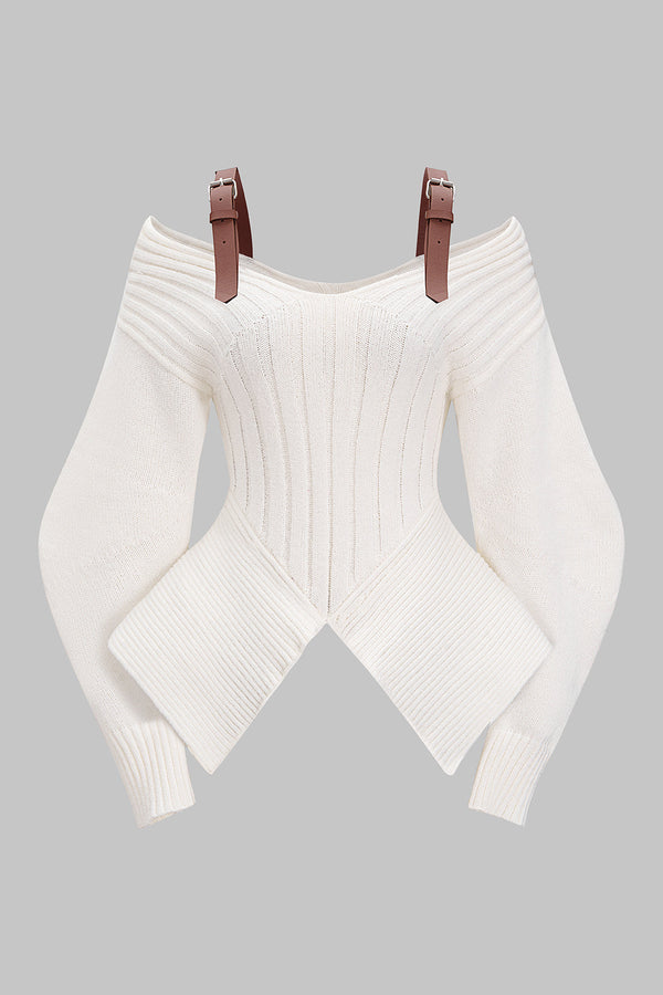 Gebreide patchwork top met uitsnijding en lange mouwen