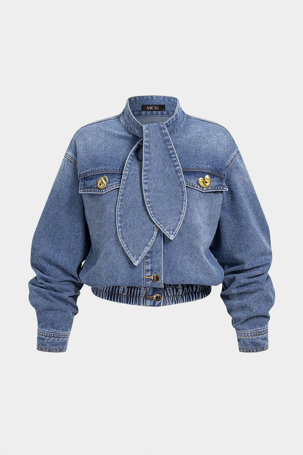 Denim jasje met metalen knopen en striksluiting