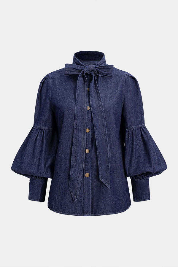 Denim blouse met strik, lange mouwen en pofmouwen