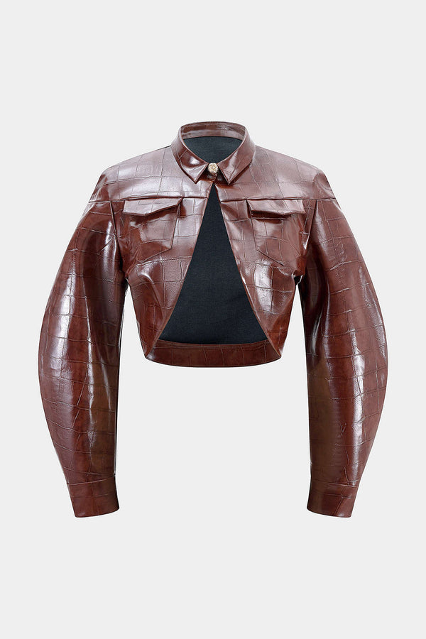 Leren-look cropped jasje met zakken
