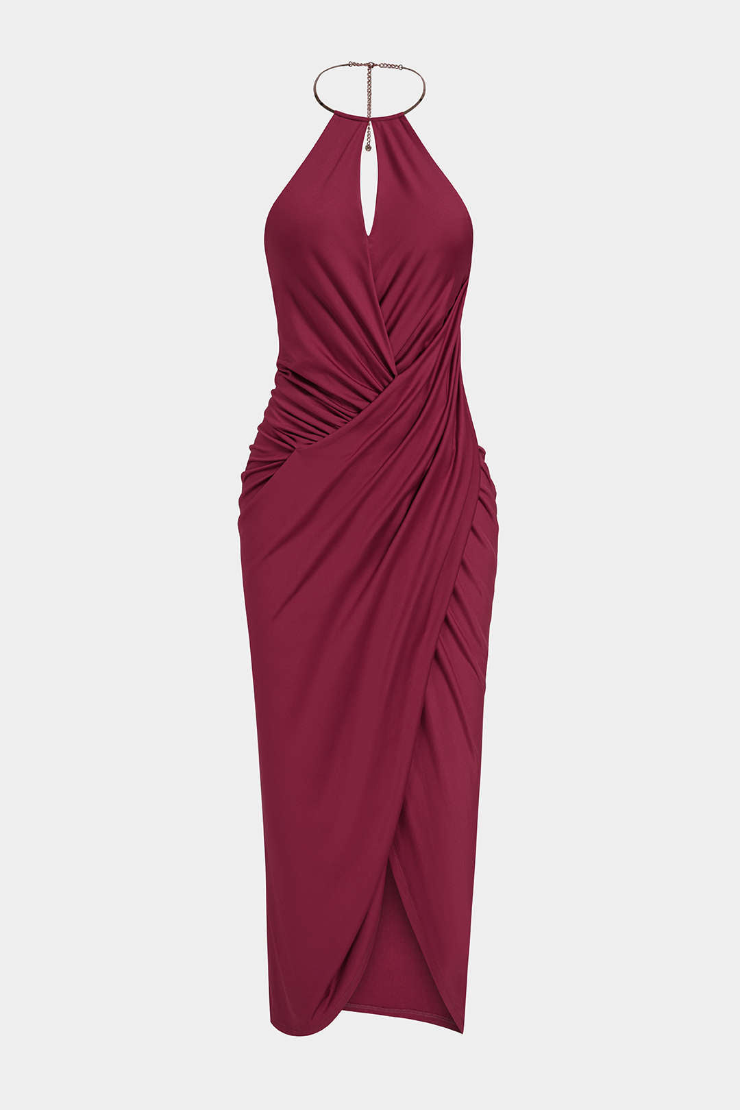Metallic mouwloze maxijurk met halternek, V-hals en ruches