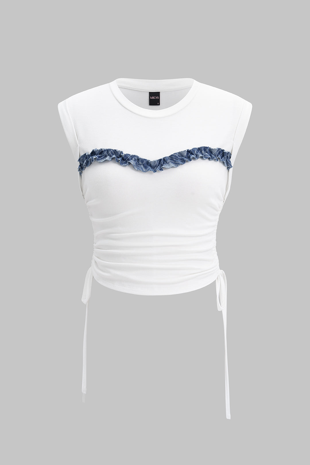 Patchwork T-shirt met ronde hals, strik en korte mouwen