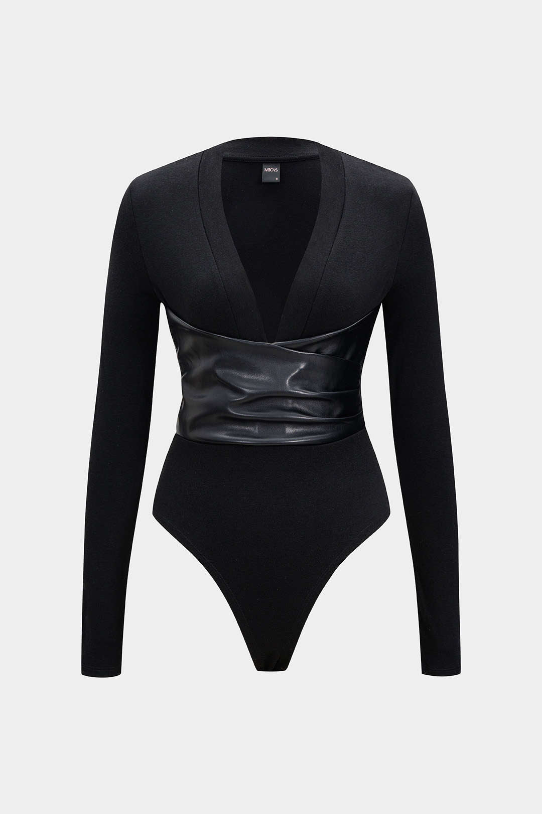 Leren-look body met V-hals en lange mouwen