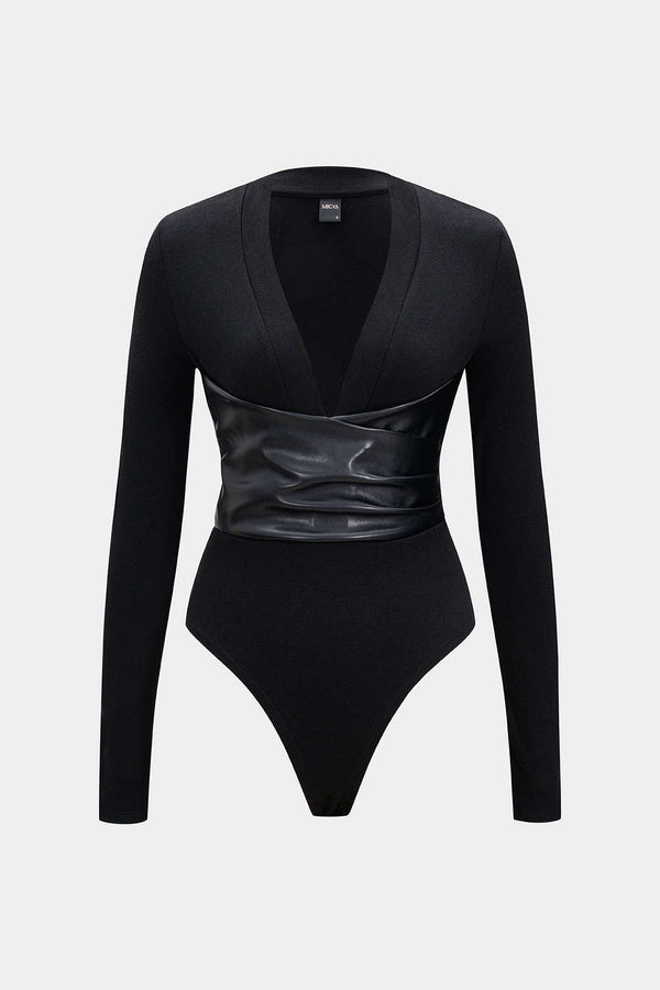 Leren-look body met V-hals en lange mouwen