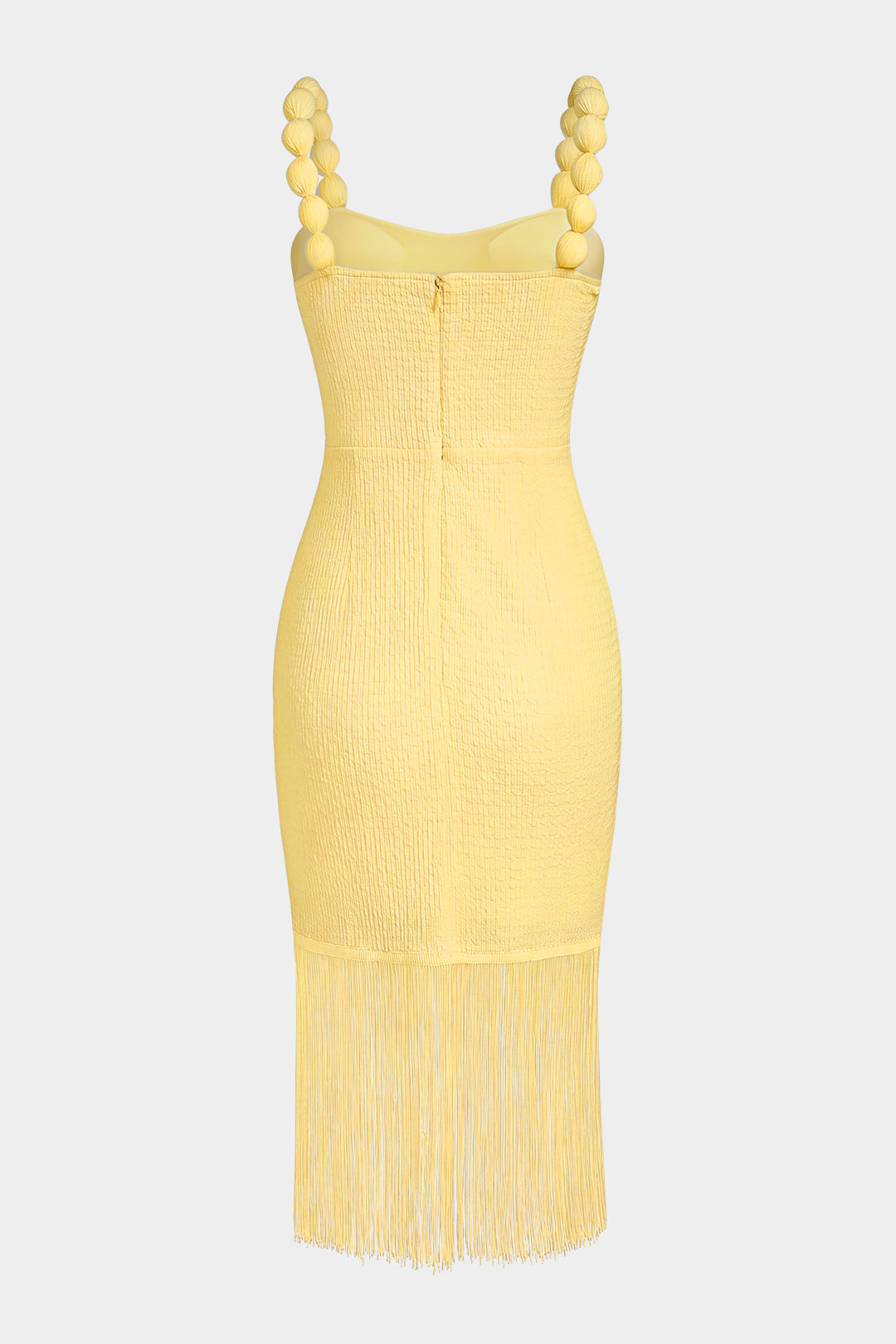 Mouwloze midijurk met franjes en spaghettibandjes