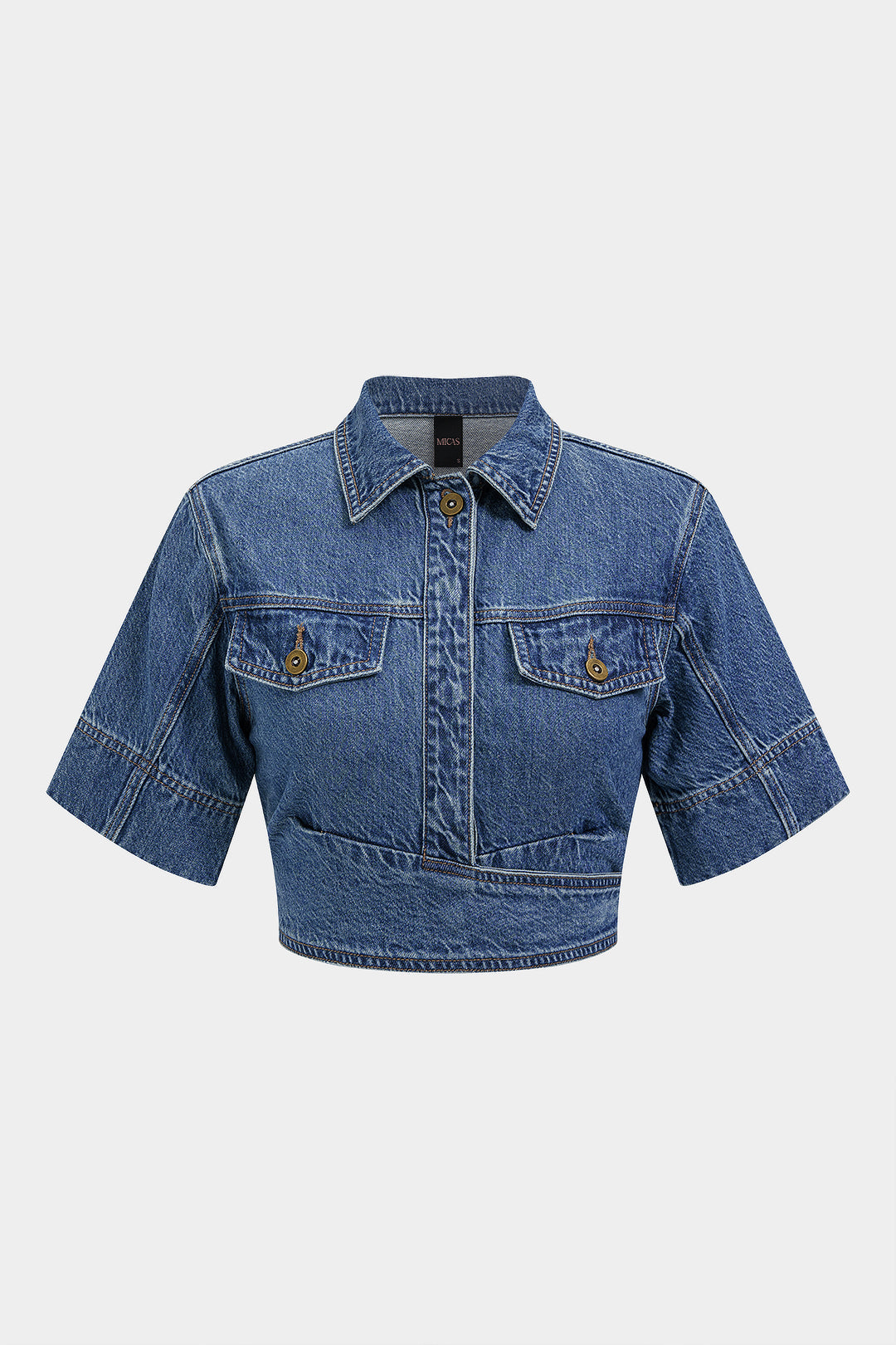 Denim cropped blouse met revers, knoopjes en korte mouwen