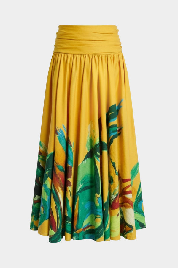 Linnen abstracte print rok met hoge taille en rits