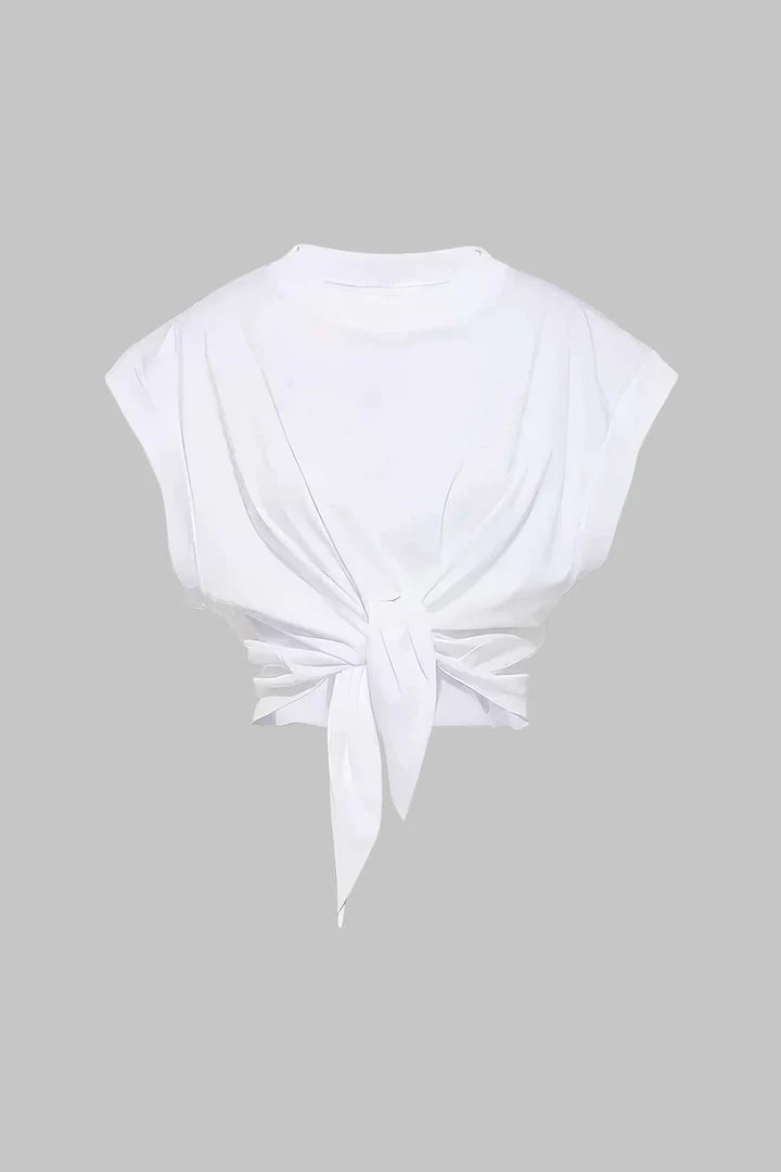Plain T-shirt with pleats and a bow on the front