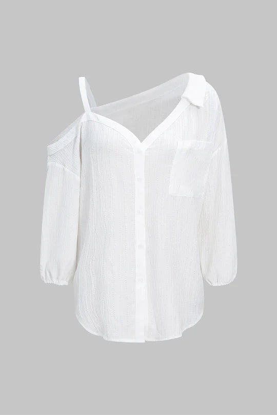 Asymmetrical sleeveless blouse with button fastening and open back