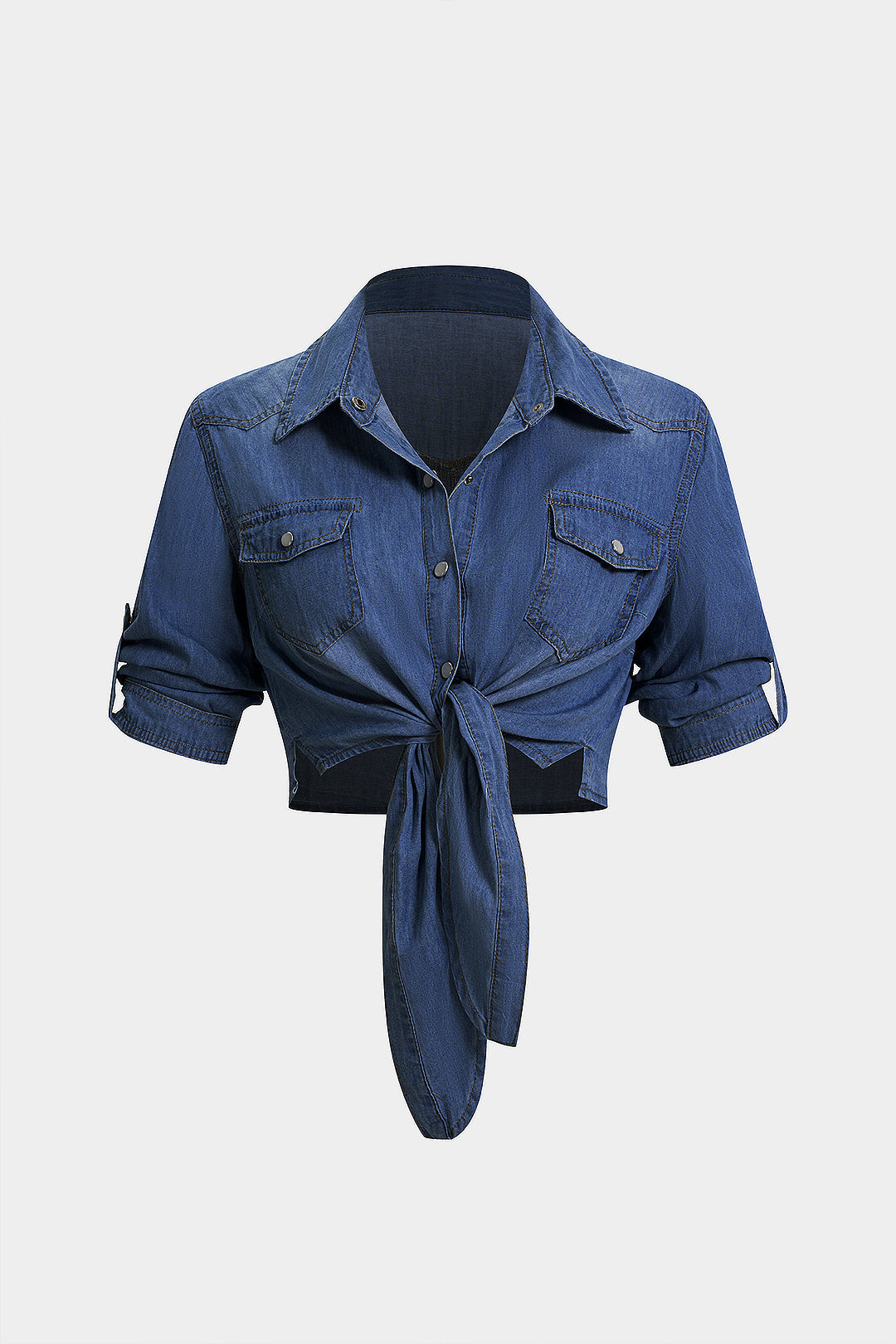 Denim blouse met revers, knoopdetail en korte mouwen