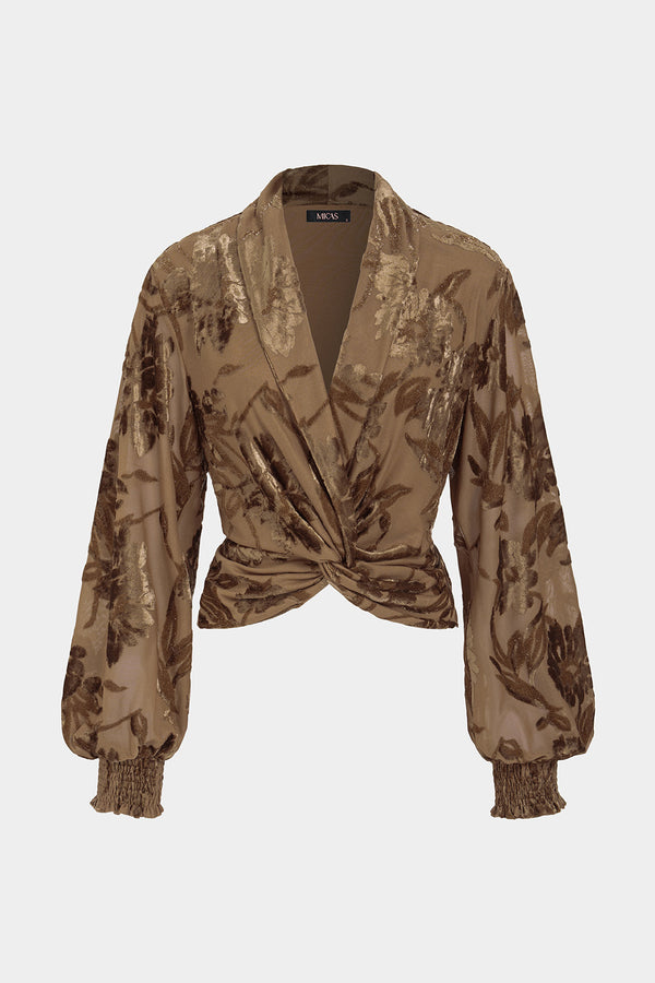 Fluwelen bloemenprint top met V-hals en gedraaid detail