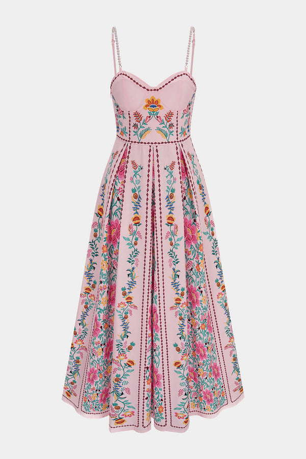 Bloemenprint mouwloze midijurk met kralen
