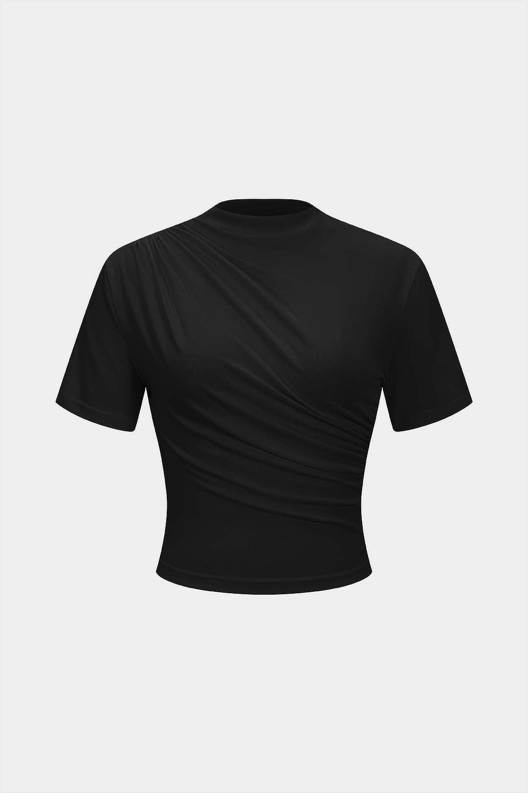 Evi - T-shirt met opstaande kraag, ruches en korte mouwen