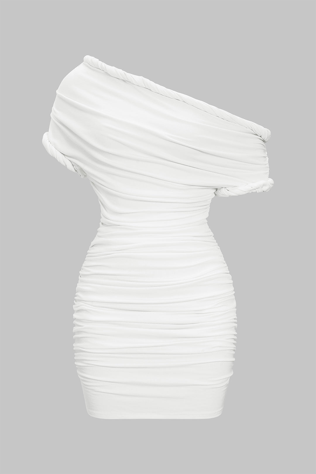 Asymmetrische minijurk met ruches en gedraaid detail