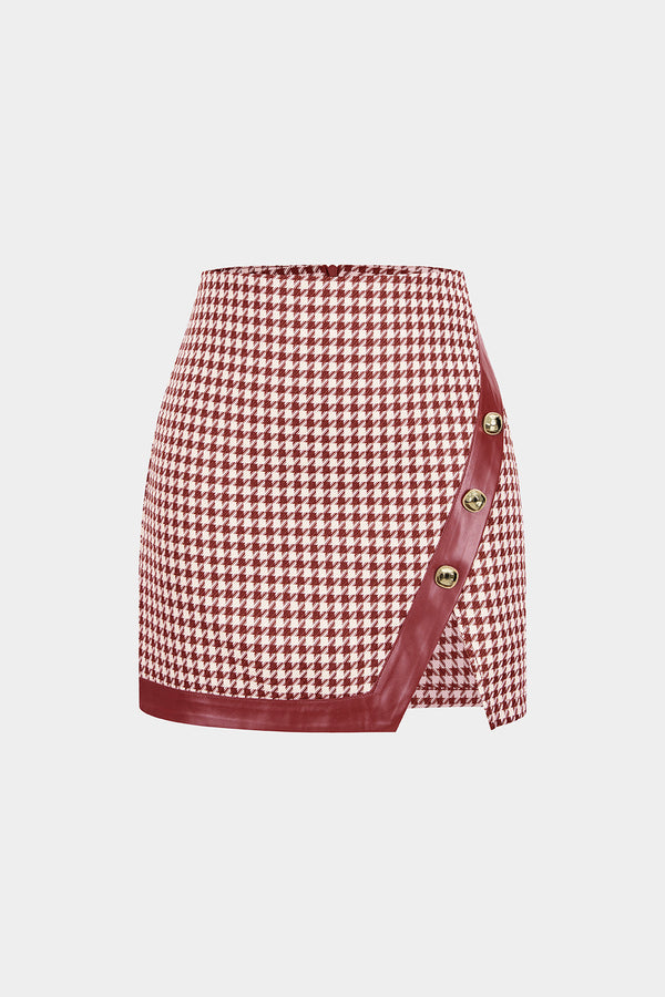 Pied-de-poule leren-look rok met split