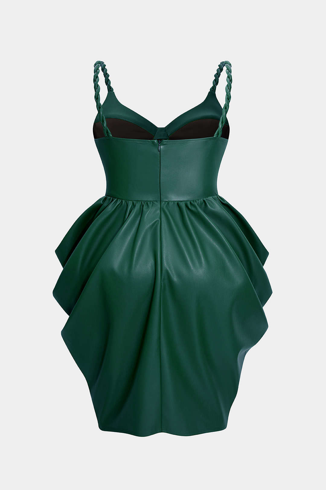 Leren-look mouwloze minijurk met rits en ruches