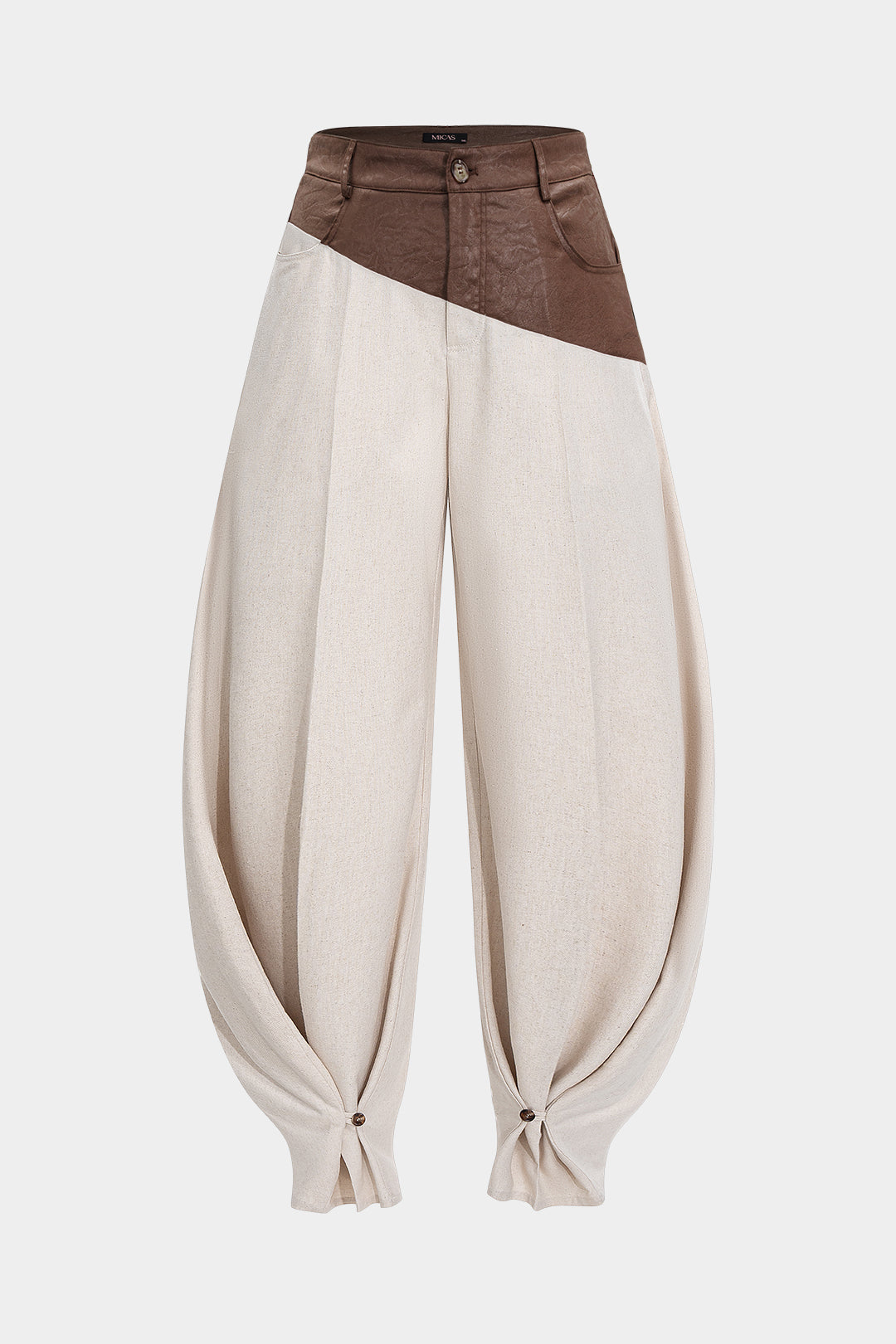 Leren-look patchwork pantalon met ruches en ballonmodel