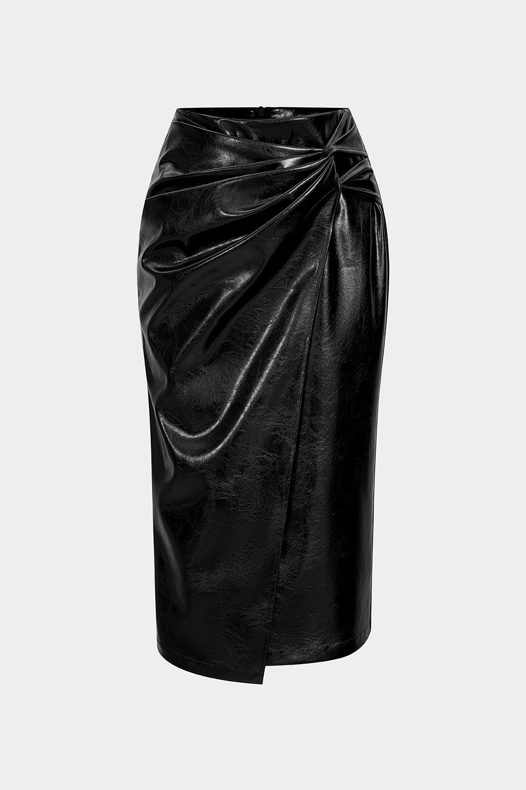 Leren-look asymmetrische rok met hoge taille en ruches
