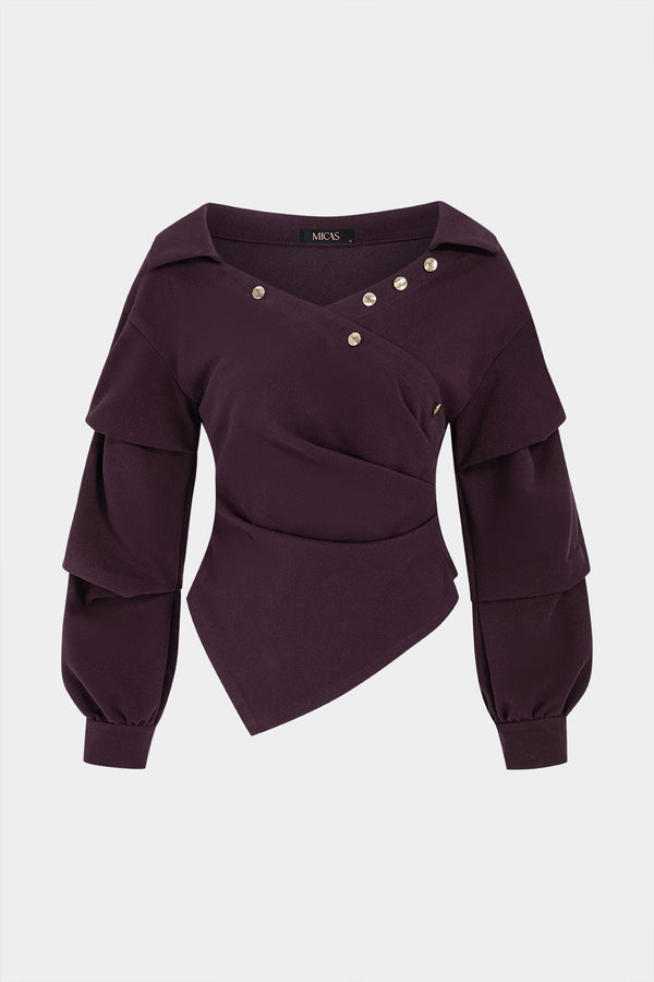 Asymmetrische metallic blouse met revers en lange mouwen
