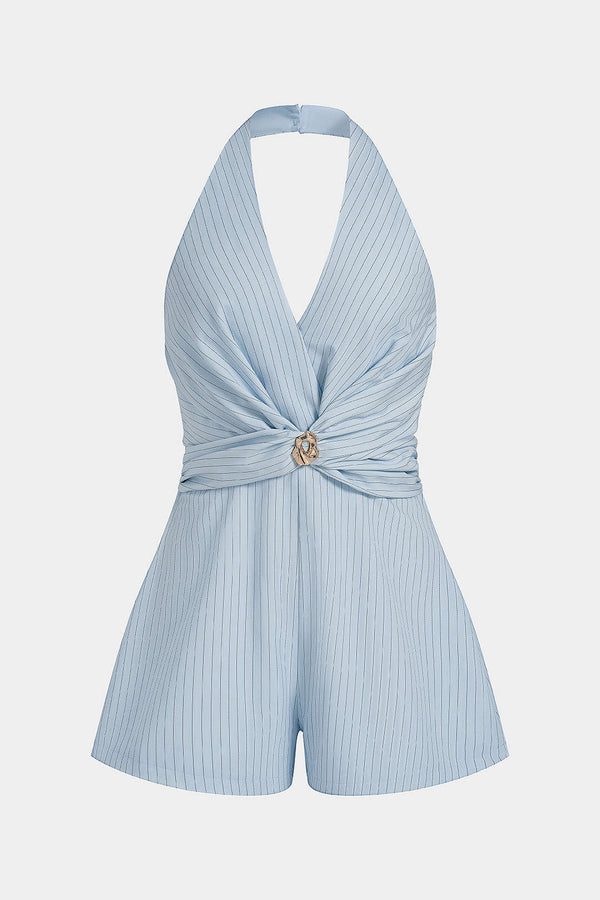 Gestreepte metallic playsuit met halternek en V-hals
