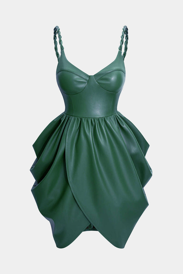 Leren-look mouwloze minijurk met ruches en gedraaid detail