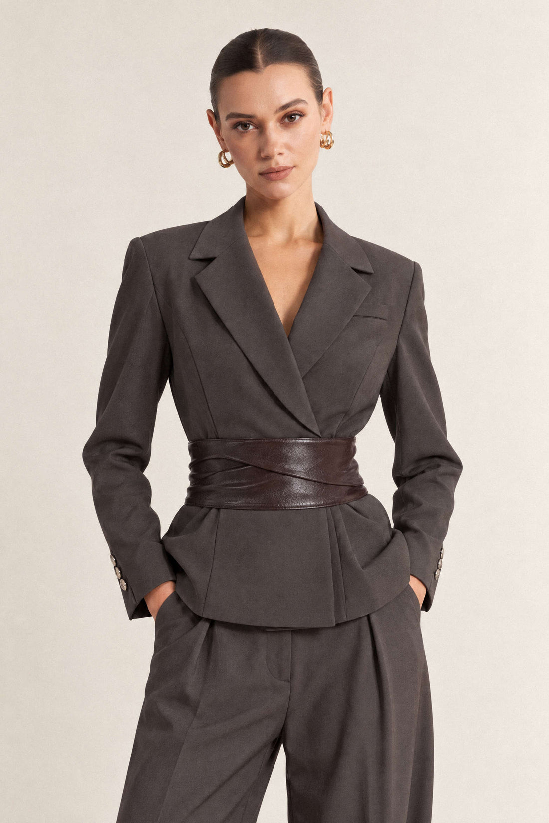 Leren-look patchwork blazer met reverskraag