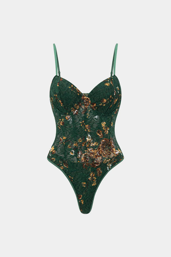 Floral Print Embroidery Bustier Corset Slip Sleeveless Bodysuit
