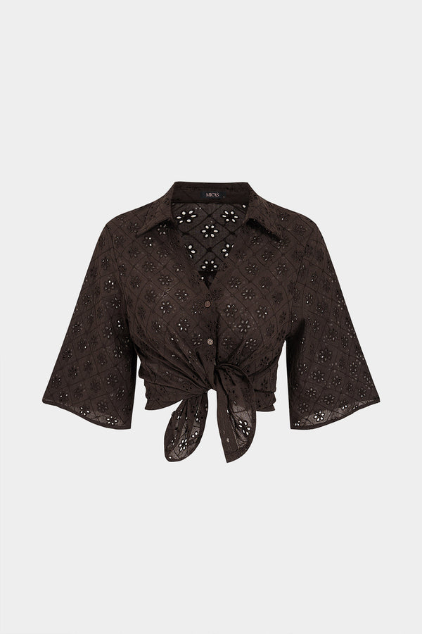 Blouse met kant, uitsnijding en borduursel