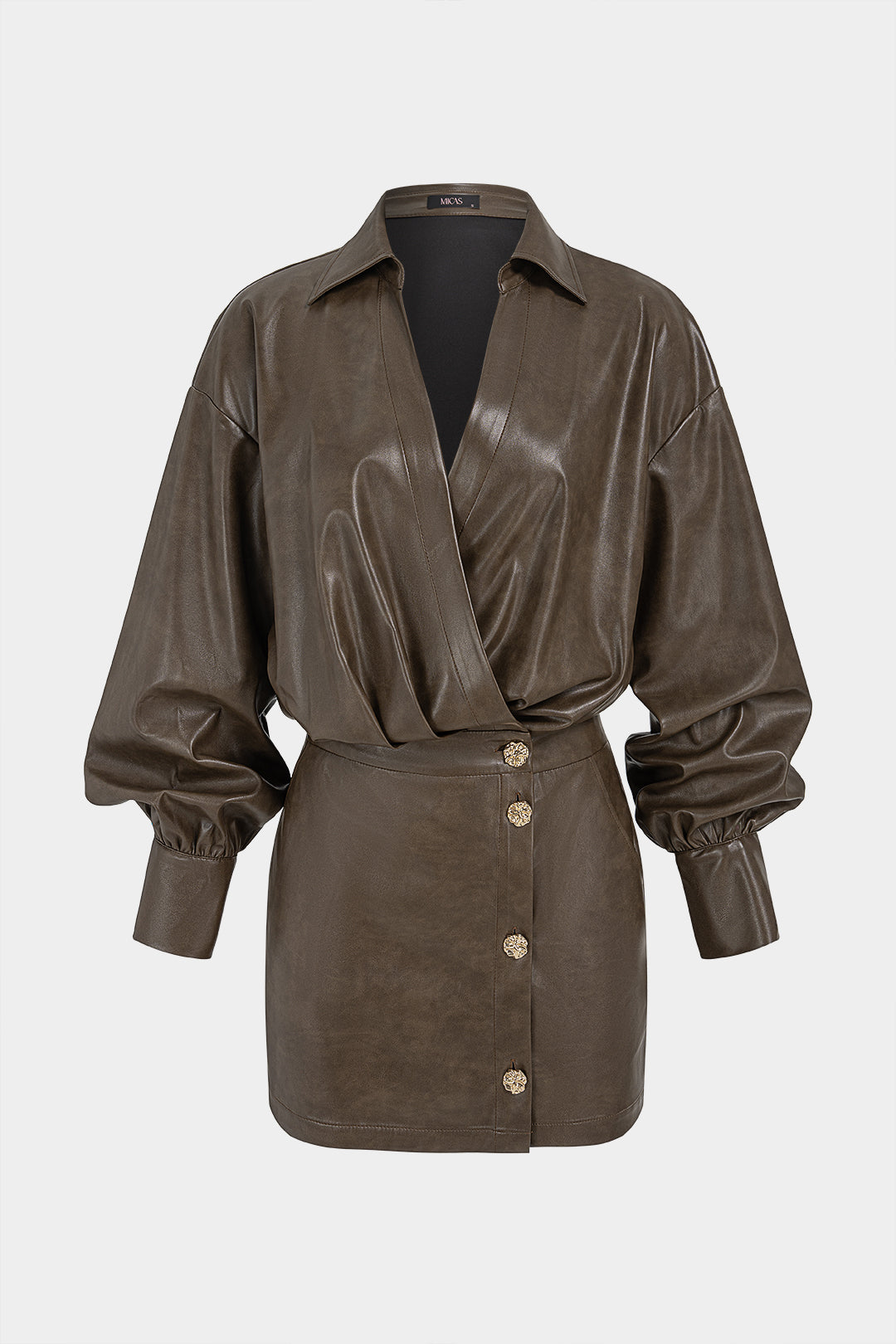 Leren-look metallic minijurk met revers en V-hals