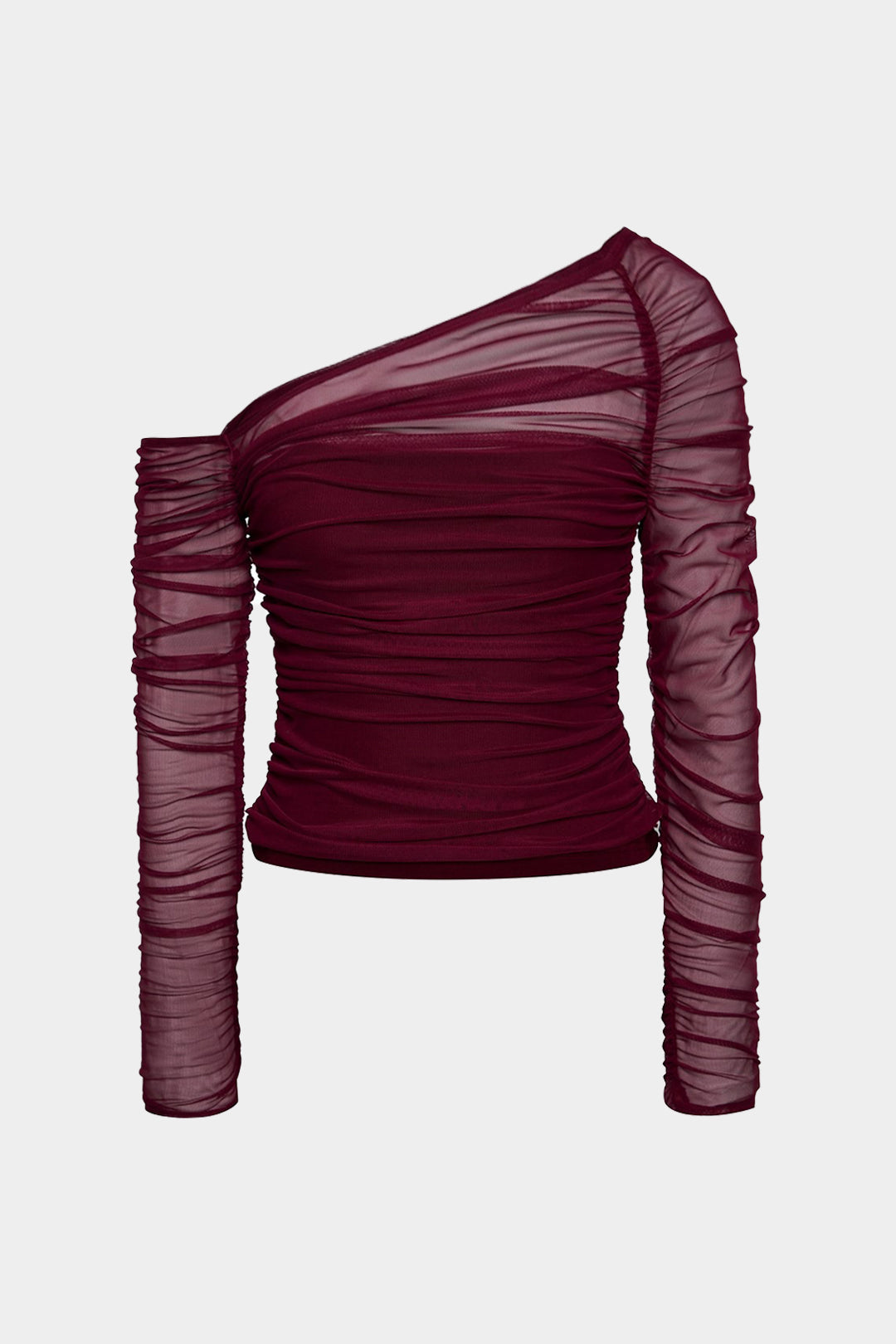 Mesh top met één schouder, ruches en lange mouwen