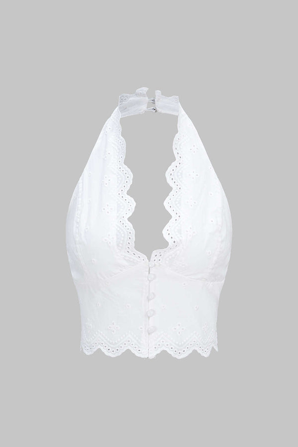 Tanktop met opengewerkt detail, halternek en borduursel