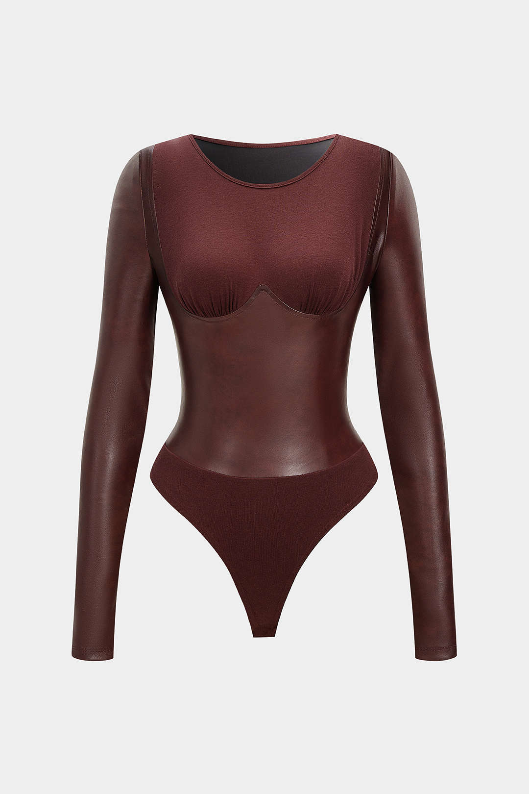 Jolie - Leren-look patchwork body met ronde hals en lange mouwen