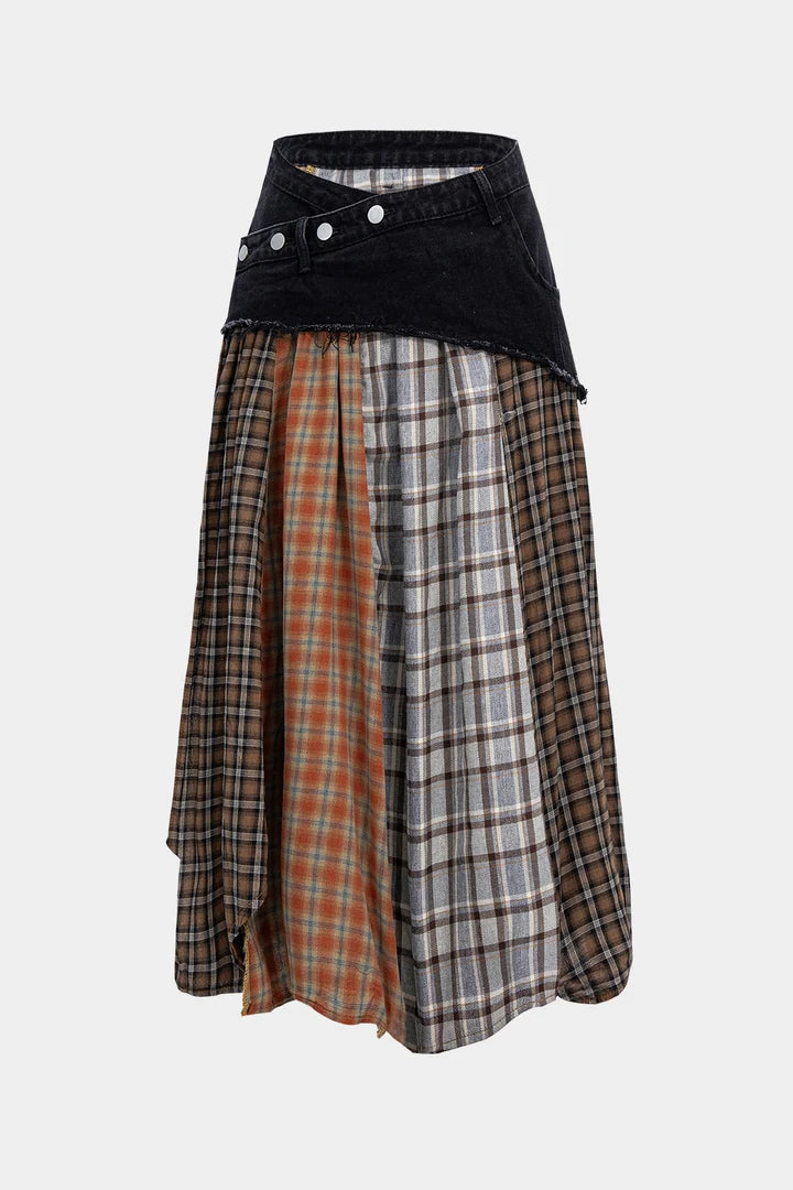 Asymmetrische rok van denim met kleurblokken en ruitprint