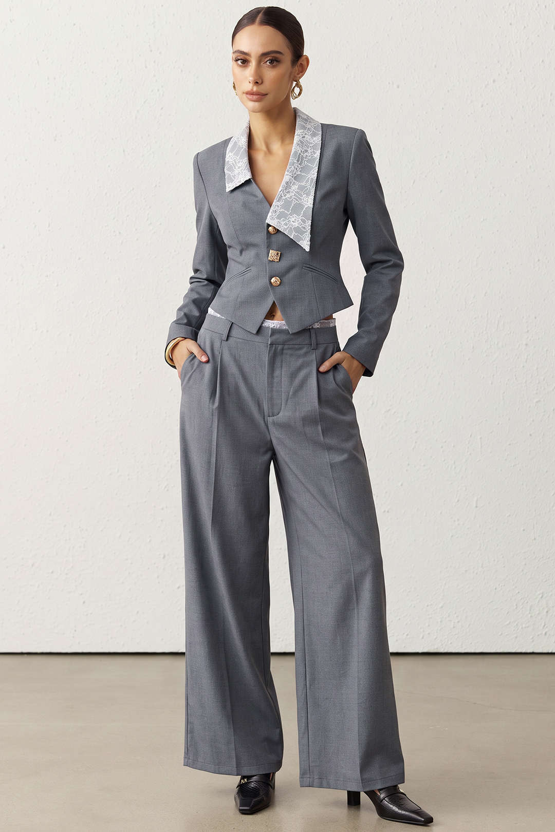 Patchwork asymmetrische blazer met kanten rand