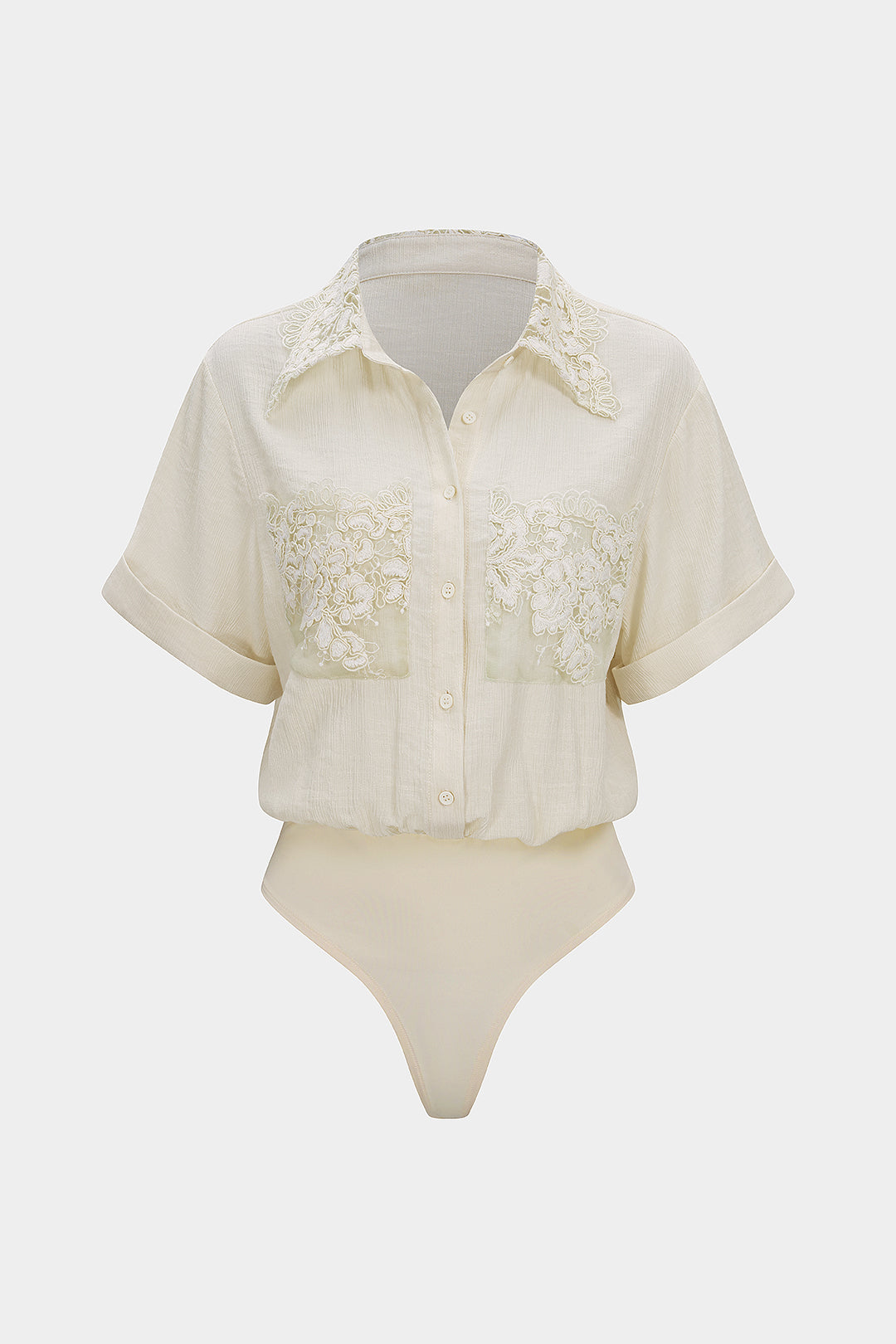 Patchwork jacquard body met revers, korte mouwen en zakken