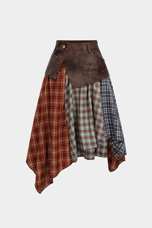 Geruite leren-look rok met asymmetrische zoom