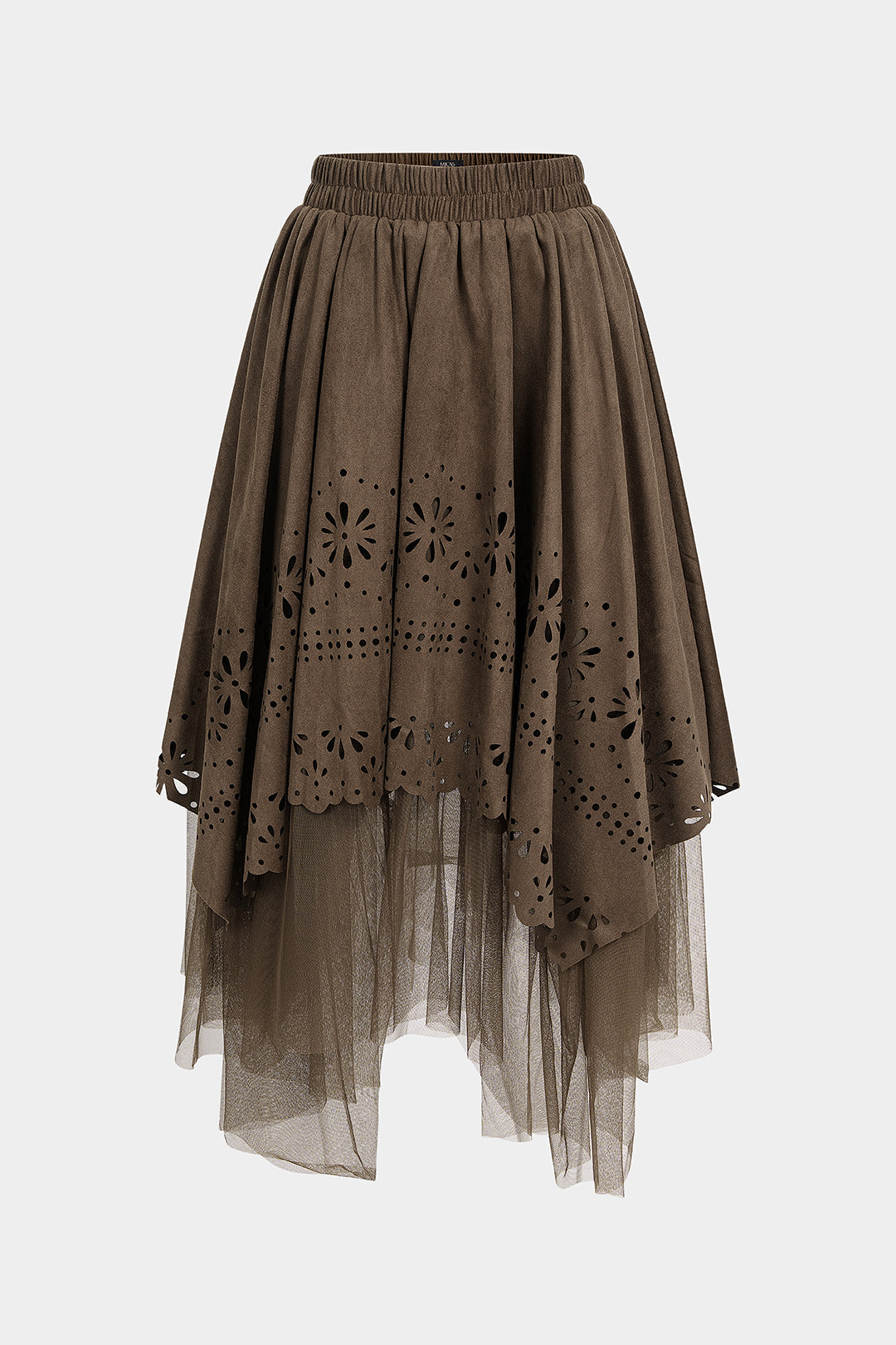 Suède patchwork rok met uitsnijding en ruches