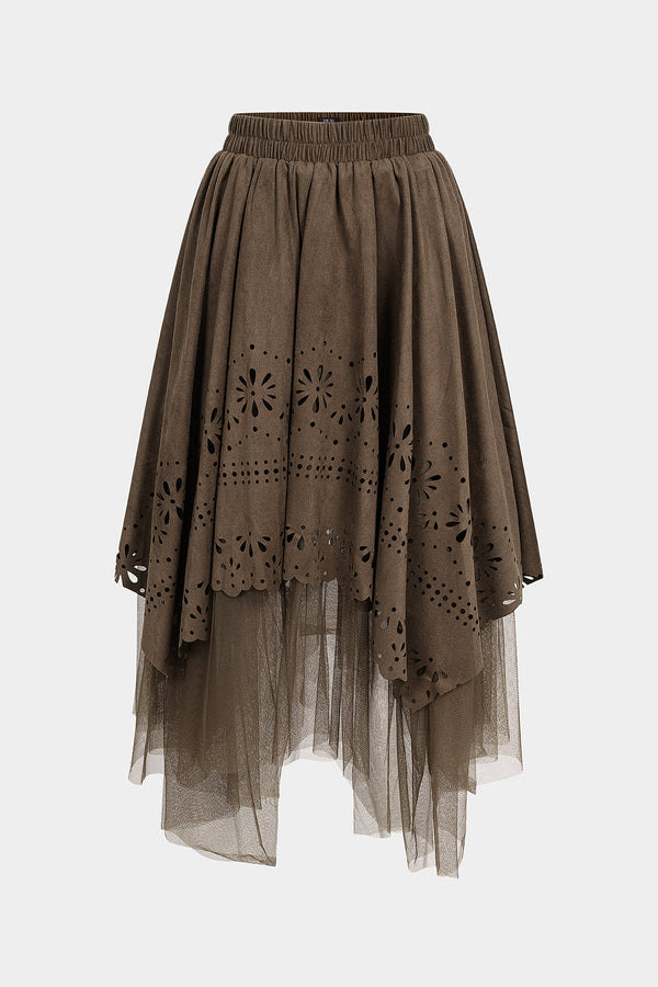 Suède patchwork rok met uitsnijding en ruches
