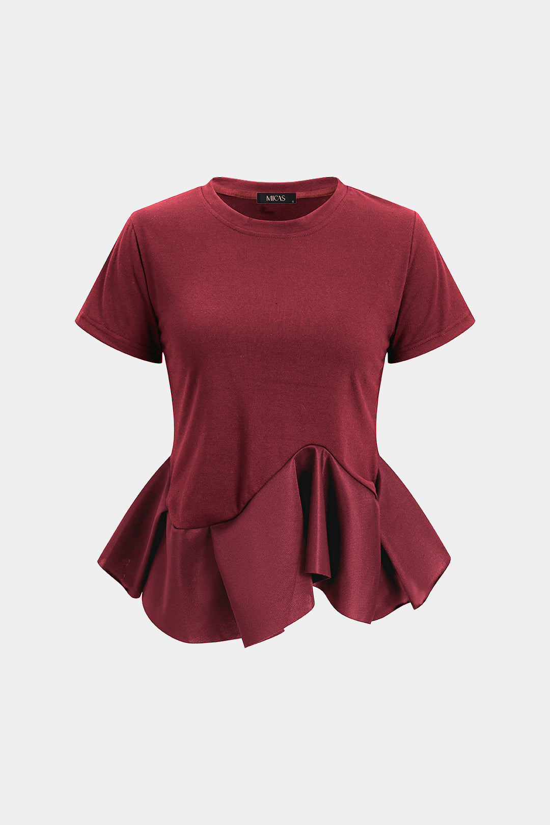 Effen T-shirt met ronde hals, volants en korte mouwen