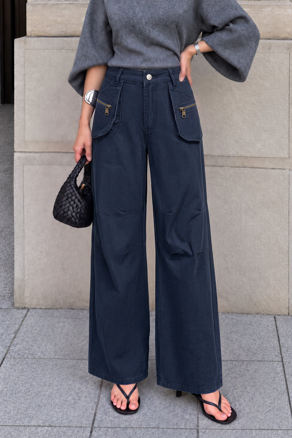 Jeans met rits, hoge taille en wijde pijpen