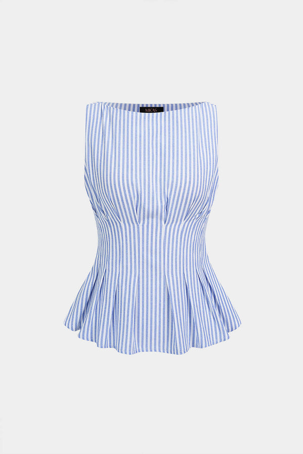 Gestreepte tanktop met ronde hals en ruches