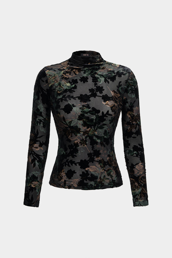 Fluwelen top met opstaande kraag en lange mouwen