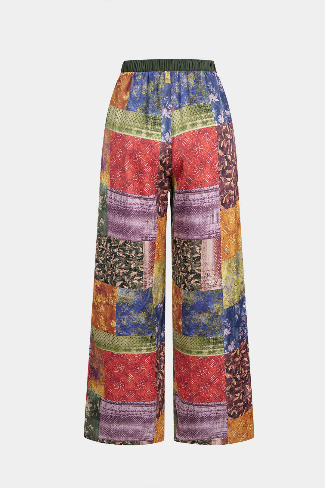 Paula - Abstracte print satijnen broek met smokwerk en wijde pijpen