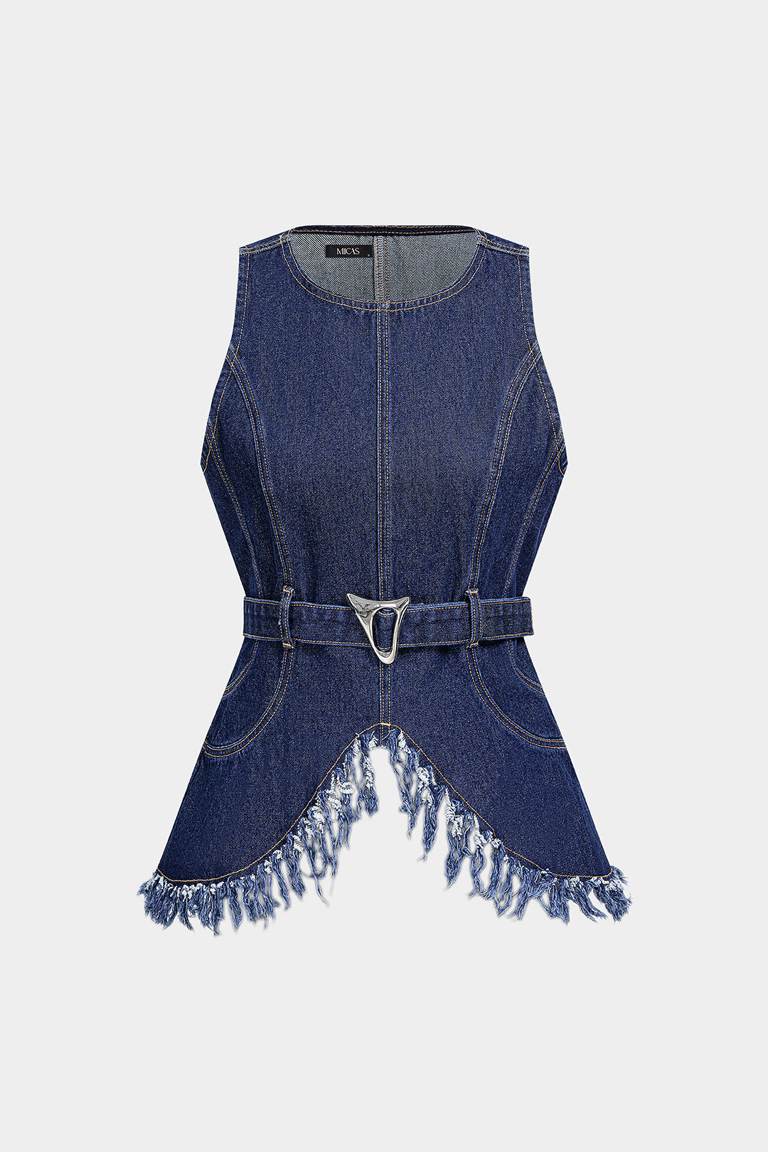 Denim metallic tanktop met rafelrand, riem en rits