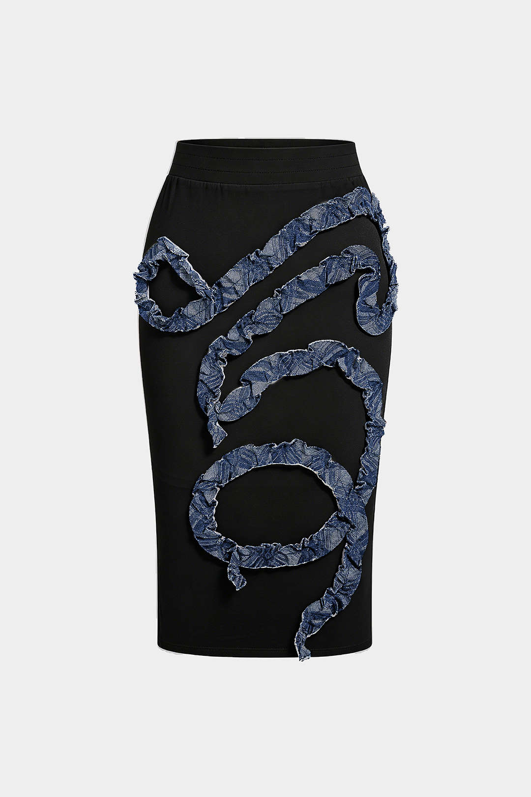 Patchwork denim rok met ruches