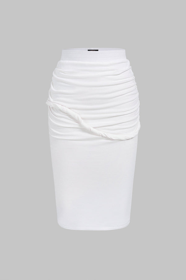 Effen rok met gedraaid detail, knoopdetail en hoge taille