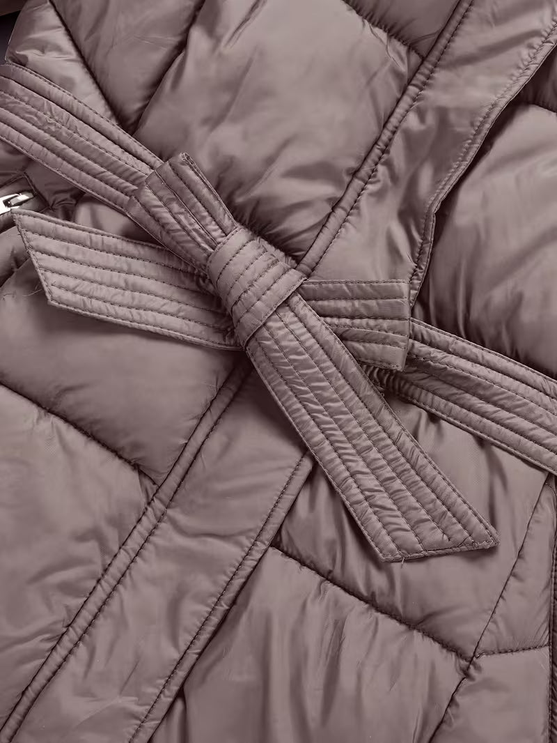 Midi Puffer Jacket with Hood and Belt - Long