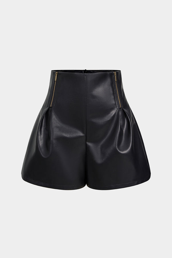 Leren-look short met ruches en rits