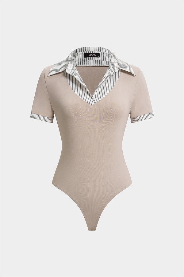 Gestreepte patchwork body met revers en korte mouwen